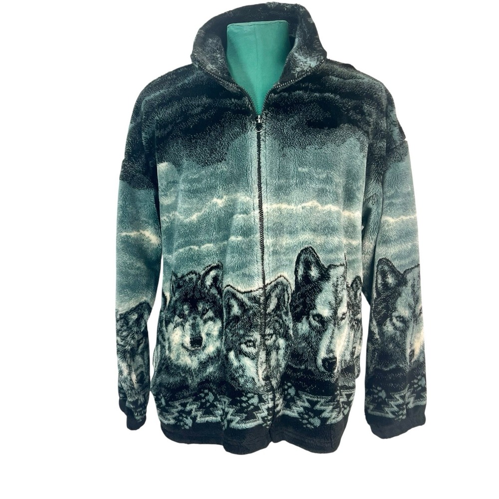 Vintage Mazmania Wolf Print Fleece Jacket Mens XXL Made In USA - Picture 5 of 9